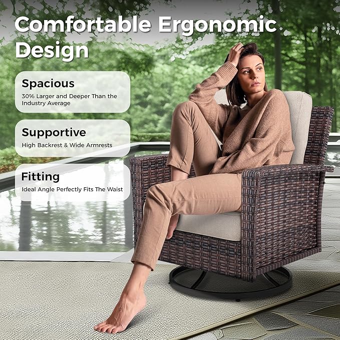 Outdoor Swivel Patio Chairs Set of 2 with Side Table, 3 Piece Wicker Highback Patio Bistro Set with Cushions for Deck Porch, Beige