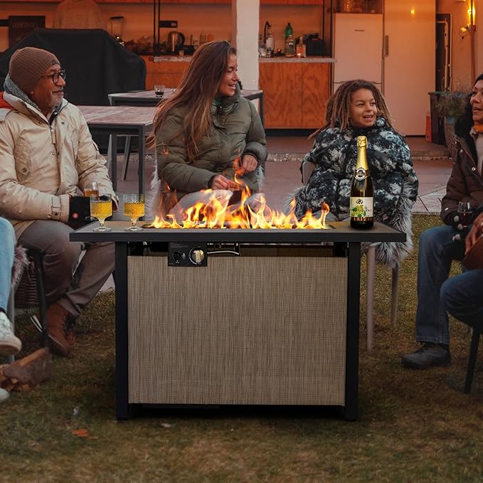 Nuu Garden 43 Propane Fire Pit Table, CSA-Listed Outdoor 50,000 BTU Gas with Lid and Glass Beads, 2-in-1 Rectangular for Outside Backyard Patio, Light Brown
