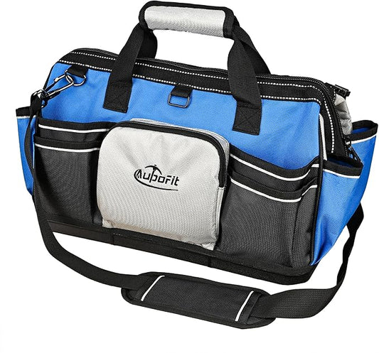 16 Inch Wide Mouth Heavy Duty Tool Bag, 21 Pockets and Waterproof Plastics Base Construction Electrician Tote Tool Organizer Bag with Shoulder Strap and Zipper Pocket, Padded Handle, Blue