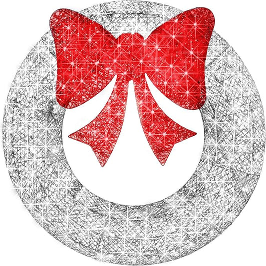 Best Choice Products 48in Pre-Lit Outdoor Christmas Wreath Decoration, LED Metal Holiday Decor for Home w/ 140 Lights, Bow - Silver/Red