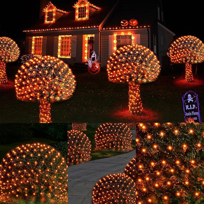 WBao Solar Halloween Lights Outdoor, 200LED 8.4ft x 5.2ft Halloween Net Lights with Remote, 8 Modes, Timer, IP65 Waterproof & Dark Green Wire for Lawn, Bushes, Trees Outdoor Decorations, Orange