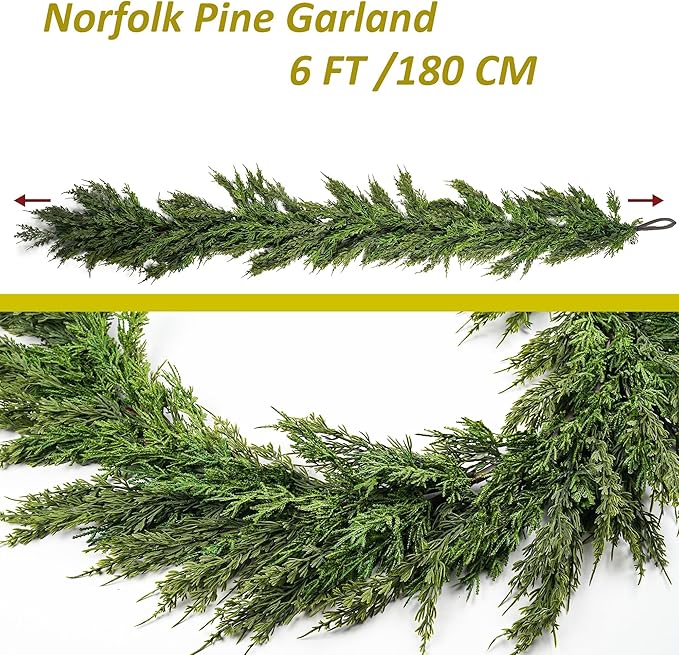 Norfolk Pine Garland 6ft Real Touch Realistic Christmas Pine Garland, Greenery Artificial Christmas Decorations for Table, Mantle, Wall
