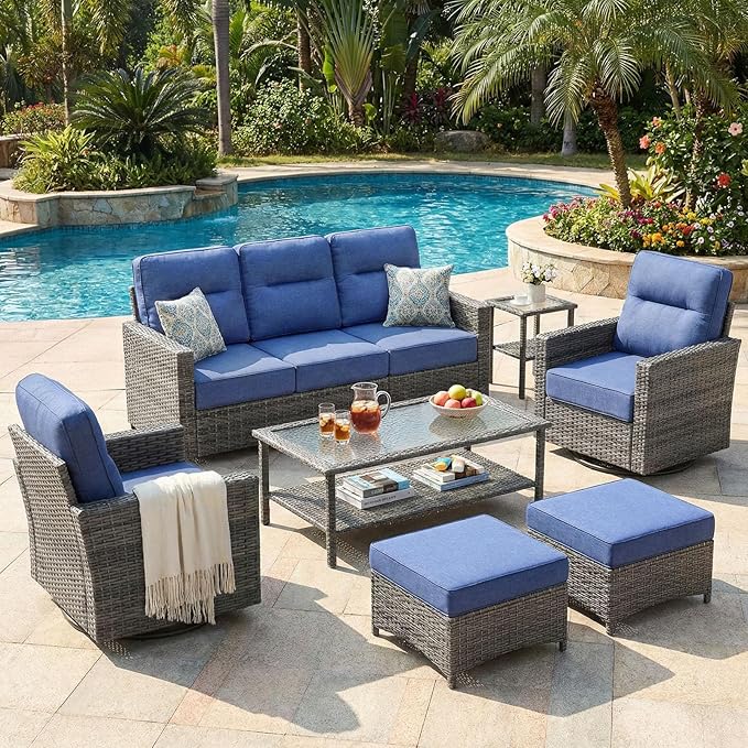 Luxury 7-Piece Patio Furniture Set with 6-Inch Thick Cushions, Outdoor Couch and Swivel Rocker Chairs, Wicker Conversation Set for Porch, Deck, Yard, Pool in Blue