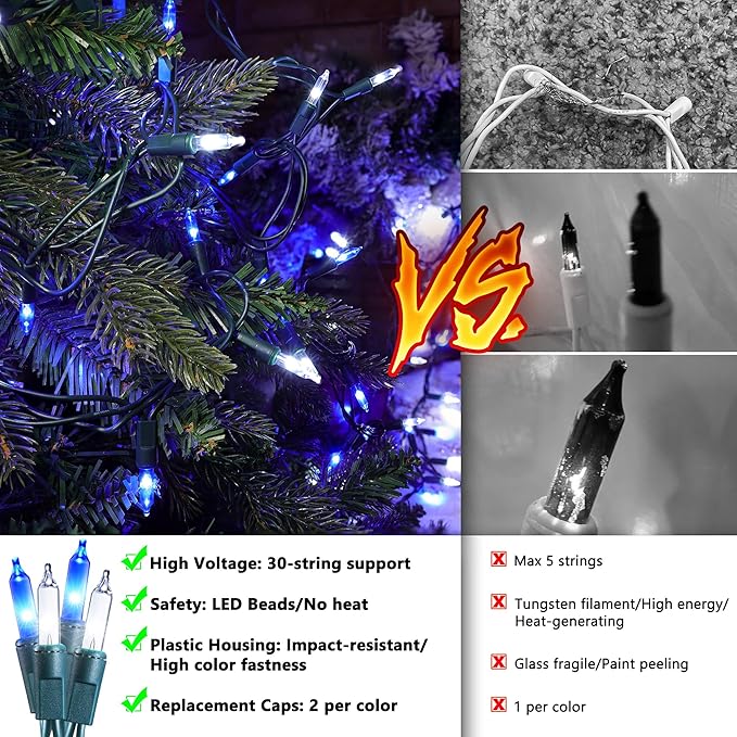 Christmas Lights -2 Pack Total 43FT 200 Count Conectable Waterproof String Lights Brighter Detachable Plug-in Lights Indoor & Outdoor for Christmas Decoration(Blue & White)