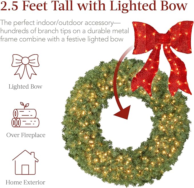 Best Choice Products 30in Large Artificial Pre-Lit Fir Christmas Wreath Holiday Accent Decoration for Door, Mantel w/Red Lighted Bow, 130 LED Lights, 220 PVC Tips, Power Plug-in