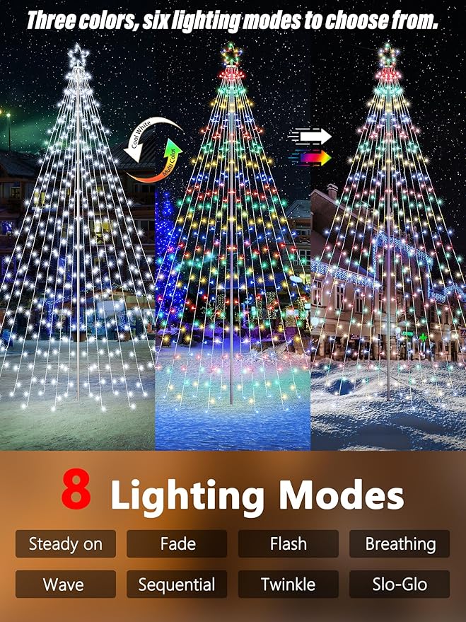 Flacchi 16 FT 664 LED Star String Lights Outdoor - Pole Set with Remote, Multiple Lighting Modes, Timer, and Waterproof Feature for Ultimate Holiday Decor (Cool White & Multicolor)