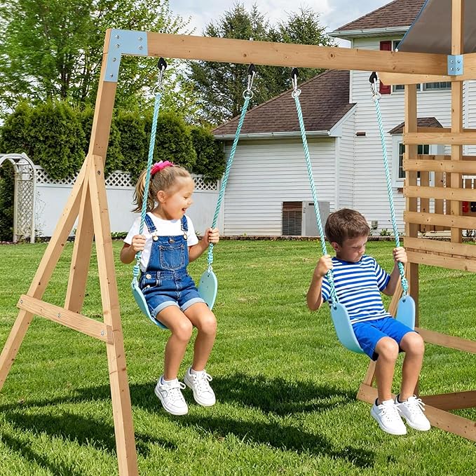 Spruce Wood Swing Set with Wave Slide, Belt Swings, Play Deck, Rock Wall Ladder, Pull up Rings and Puzzle Chess Board, Canopy Roof Outdoor Playset for Backyard