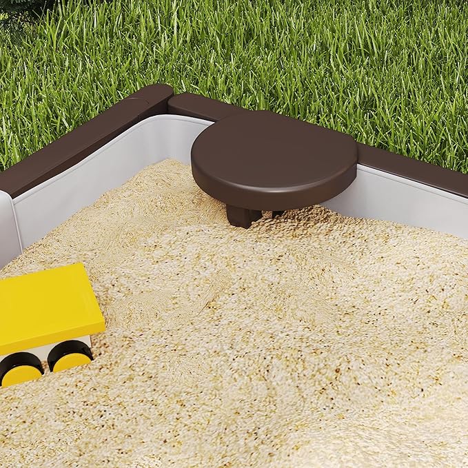 Qaba Kids Sandbox with Cover, Square 47 HDPE Large Sand Pit with 4 Seats, Waterproof Bottom Liner, Weather Resistant Outdoor Sand Box for Backyard, Lawn, Garden, Beach, Patio, Brown