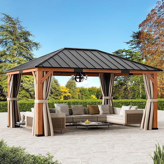 Modern Shade Tranquil Grove Wood Gazebo 12' x 16', Grill Gazebo with Galvanized Steel Roof, Mosquito Netting and Curtains, Permanent Hardtop Pavilion with Sturdy Hooks for Garden, Backyard