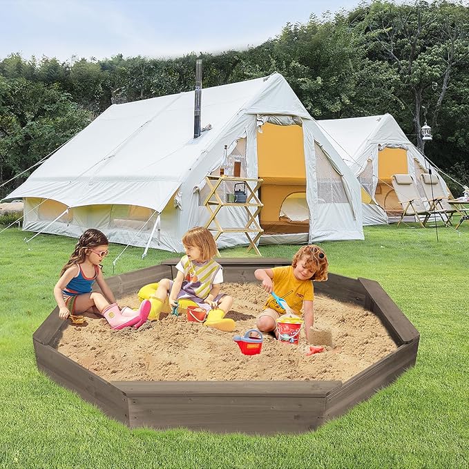 Wooden Octagonal Sandbox with Cover, Outdoor Sandpit with 4 Bench Seats, Sand Box for Children, Beach for Backyard, Patio, Garden (Coffee)
