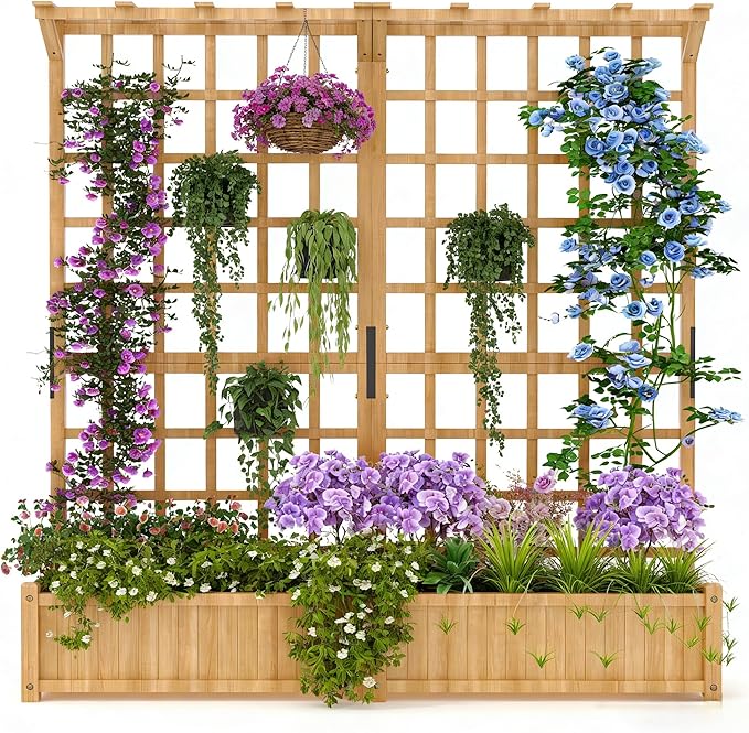 2 Tiers Wood Planter Box & Trellis, 44.4'' x 16.2'' x 63'' Outdoor Elevated Bed, Wooden Garden Bedding Hanging Roof with Climbing Trellis for Garden, Balcony, Yard, Patio (8 single Drainage Holes)
