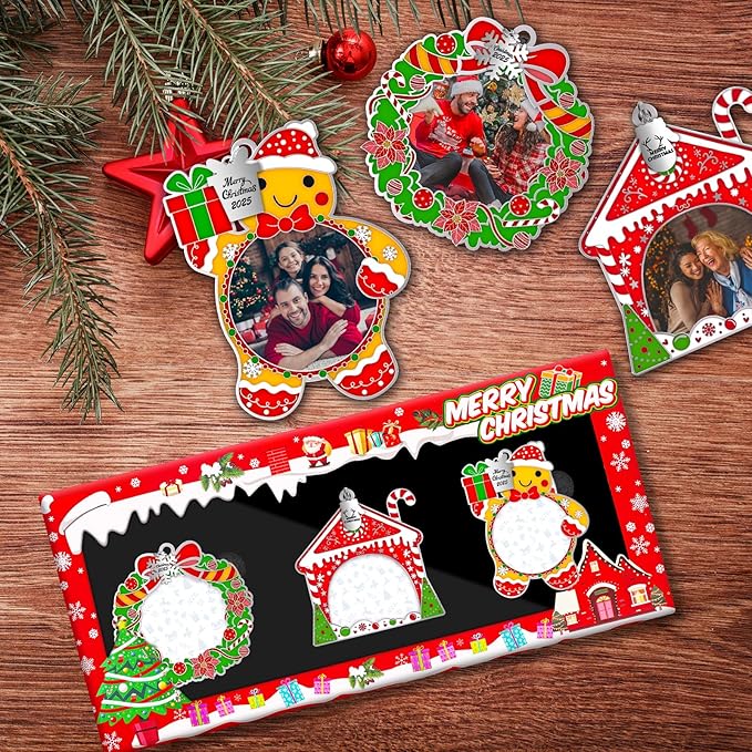 MGparty 3 Pack Christmas Picture Frame Ornaments Xmas Metal Hanging Photo Frame with Pendants 2025 Holiday Keepsake Gifts Christmas Tree Decorations