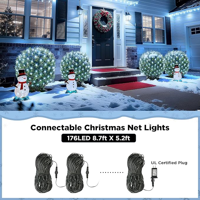 BlcTec Upgraded Christmas Lights Outdoor 176LED 8.7ft x 5.2ft Christmas Net Lights with UL Certified, 8 Modes, Timer, Connectable, Waterproof & Thick Wire for Bushes, Shrubs, Yard Decorations, White