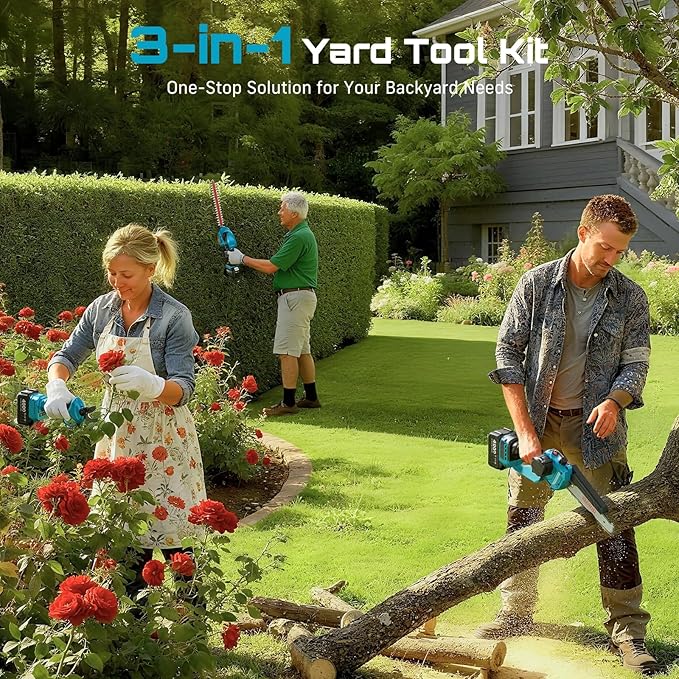 SEESII Electric Chainsaw Trimmer Pruner: 3-in-1 Cordless Chainsaw, Hedge Trimmer, Pruning Shears with 2¡¿ Rechargeable 4000mAh Batteries, Garden Tool Kit for Tree Trimming and Branch Cutting