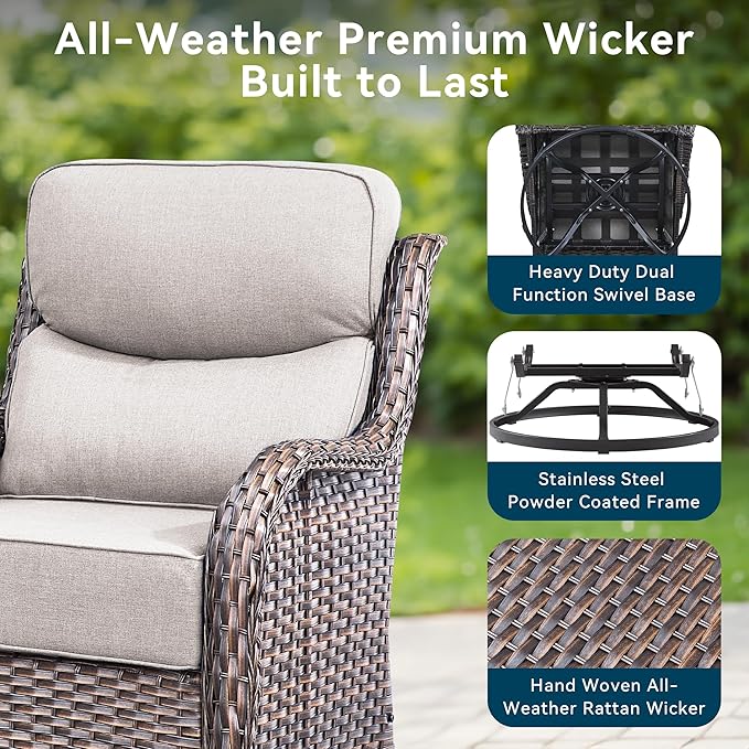 Luxury High Back Outdoor Furniture 6-Inch Thick Cushions with 50,000 BTU Gas Propane Fire Pit Tablet, Patio Furniture Set with Swivel Chairs, for Porch, Balcony, Deck and Yard