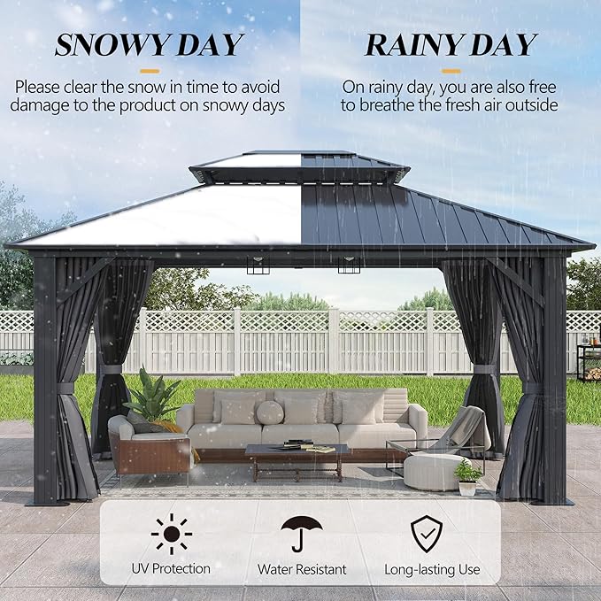 GARTOO 12'x14' Outdoor Hardtop Gazebo with Double Roof - Heavy-Duty Galvanized Steel Top Aluminum Frame Gazebo with Breathable Netting & Privacy Curtain for Patio, Porch, Garden, Lawn, Deck, Backyard
