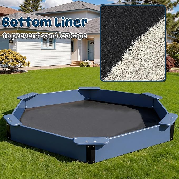 FOOWIN Hexagonal Outdoor Sandbox with Cover for Kids, HDPE Large Sandpit w/6 Benches, for Aged 3-12 Years Old, Sand Box for Children, Bottom Liner,Blue