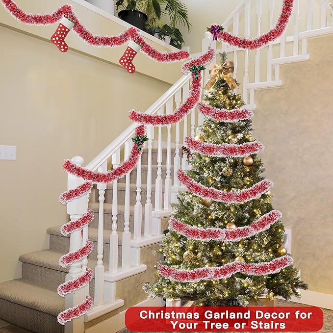 50FT Red Christmas Tinsel Garland Metallic Twist Shiny Christmas Tree Decorations, Xmas Holiday Hanging Garland for Home Mantle Stair Indoor Outdoor Holiday Decor Party Supplies - Red White