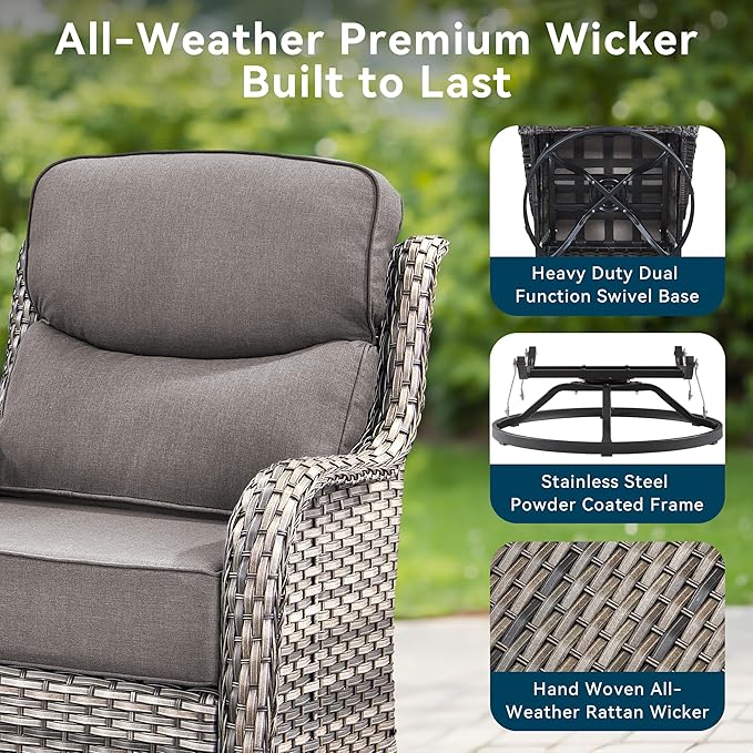 Luxury High Back Outdoor Swivel Rocker Patio Chairs with Side Table & 6-Inch Thick Cushions, 3 Pieces Patio Furniture Set for Porch, Balcony, Deck and Yard