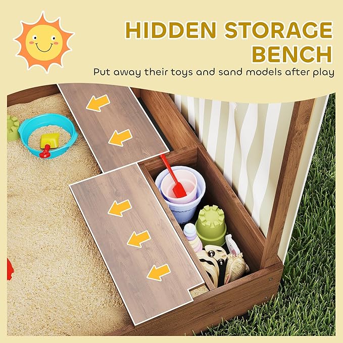 Qaba Kids Wooden Sandbox with Canopy, Large Wood Sand Pit with Mesh Door, 2 Bench Seats, Bottom Liner, Outdoor Snad Box for Backyard, Garden, Patio, Beach, Brown