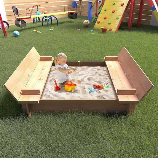 Children's Wooden Sandbox with 2 Foldable Bench Seats, Children Outdoor Wooden Playset, Kids Sandbox for Backyard, Patio, Garden