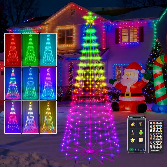 7FT Lighted Outdoor Christmas Tree, 295 LED Smart Cone Tree, Music Sync RGB Fairy Lights, LED Light Show, APP and Remote Control, Timer Function, Perfect for Outdoor Christmas Decorations