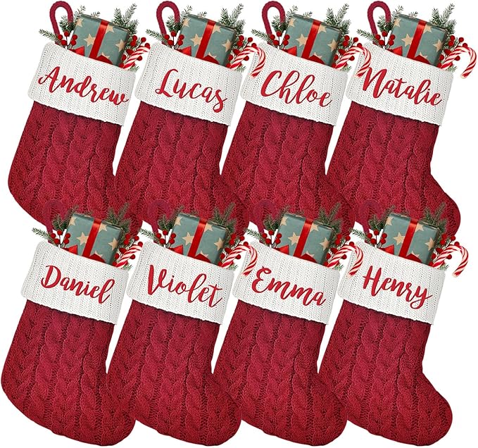 Mini Custom Christmas Stockings with Names - 6" W x 7" L Burgundy Red Personalized Christmas Stockings, Kids Family Small Knitted Xmas Stocking for Fireplace Decoration, 8 Pack