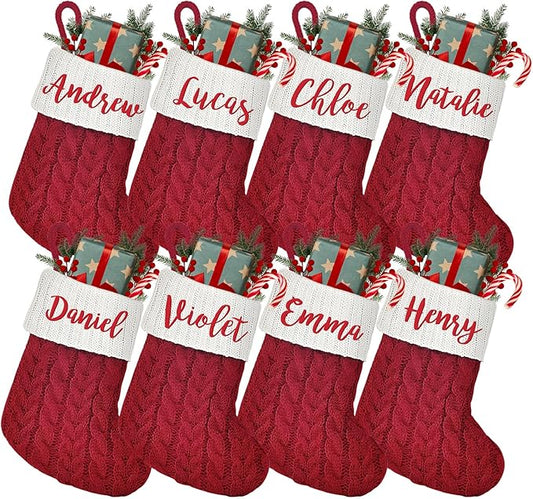 Mini Custom Christmas Stockings with Names - 6" W x 7" L Burgundy Red Personalized Christmas Stockings, Kids Family Small Knitted Xmas Stocking for Fireplace Decoration, 8 Pack