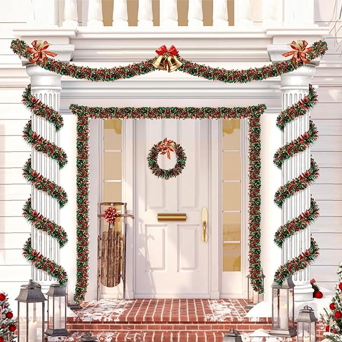 50FT Red Green Christmas Tinsel Garland Metallic Twist Shiny Garland for Xmas Tree Decorations, Xmas Holiday Hanging Decor for Home Mantle Stair Indoor Outdoor Christmas Party Supplies Decor