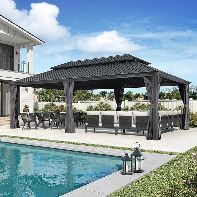 PURPLE LEAF 14' X 24' Outdoor Hardtop Gazebo Aluminum Pavilion with Galvanized Steel Double Roof for Garden Patio Lawns Permanent Gazebo with Curtains and Nettings Grey