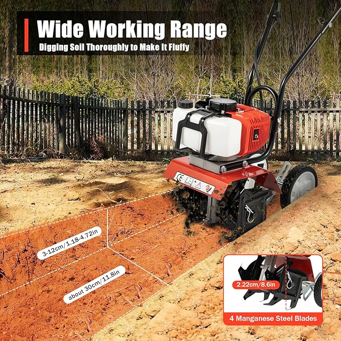 52CC 2-Stroke Gas Powered Tiller Cultivator 1700W Heavy-Duty Single Cylinder Motor, Gasoline Powered Garden Tiller, Garden Cultivator for Cultivation, Trenching, Soil Tillage, Loosening