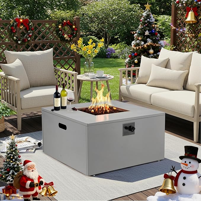 ECOTOUGE 32 Square Propane Fire Pit Table, 50,000 BTU Outdoor Gas Fire Pit with Lid, Steel Fireplace w/Weather-Resistant Pit Cover, Lava Rocks for Patio, CSA Certified, Grey