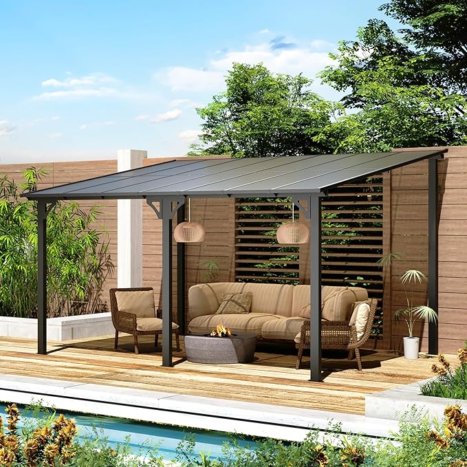 U-MAX 10' x 14' Outdoor Lean to Gazebo, Wall-Mounted Pergolas & Gazebos Clearance, Metal Awnings Gazebos on Clearance for Patio, Large Panel Roof 14x10 Gazebo for Outside Use