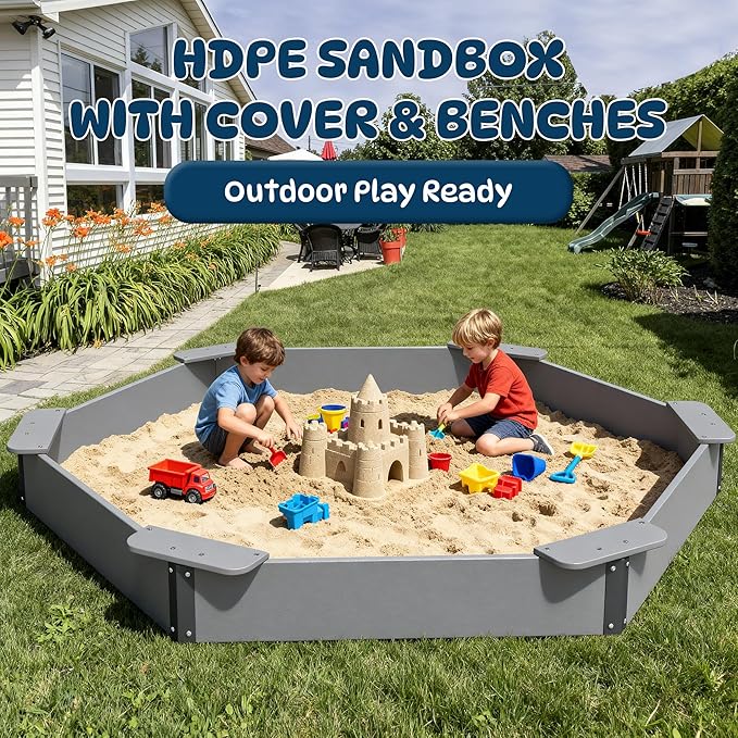 FOOWIN Hexagonal Outdoor Sandbox with Cover for Kids, HDPE Large Sandpit w/6 Benches, for Aged 3-12 Years Old, Sand Box for Children, Bottom Liner,Grey