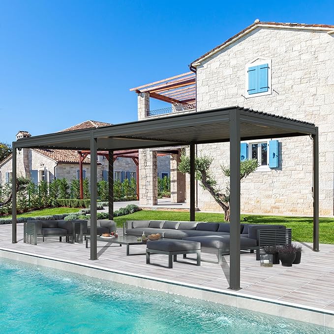 10’ x 20’ Louvered Pergola, Outdoor Pergola Aluminum Frame with Adjustable Rainproof Metal Roof, Permanent Sun Shade with Drainage System for Backyard, Garden and Lawn (Grey)