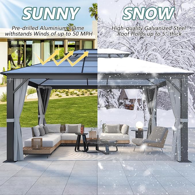 12'x14' Hardtop Gazebo, Outdoor Polycarbonate Double Roof Gazebos with Netting and Curtains, Heavy Duty Metal Pavilion for Patio, Backyard, Deck and Lawn