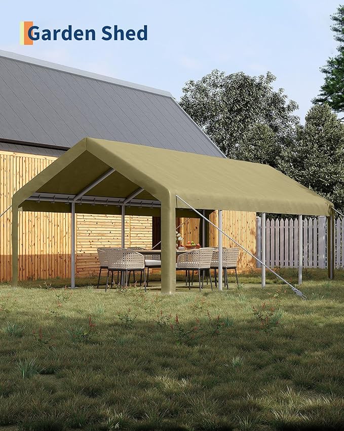 13X25 FT Portable Carport Garage with Roll-Up Windows & Doors, Heavy-Duty 200g PE Tarp, Waterproof & UV Protected Outdoor Shelter for Car, Boat, Truck, Motorcycle