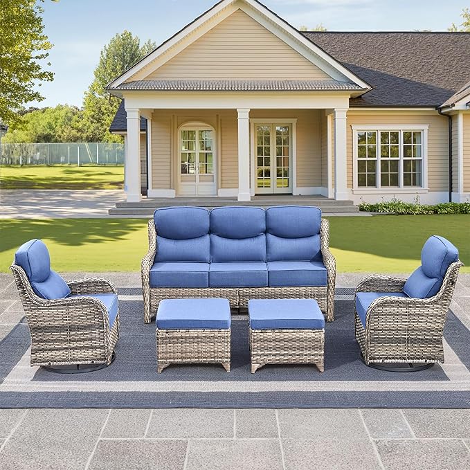 Luxury High Back Outdoor Furniture with 6-Inch Thick Cushions, Patio Furniture Set with Swivel Chairs, 5 PCS Wicker Conversation Set for Porch, Balcony, Deck and Yard