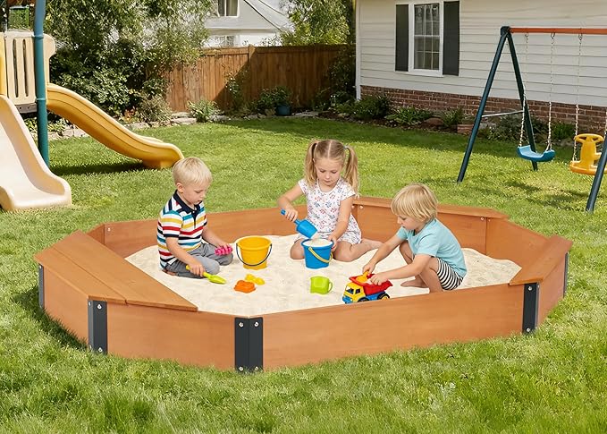 75.5''x53''x8.5'' Octagon Sandbox with Storage Box for Kids Outdoor Play, Wood Large Sandpit with Cover & 3 Benches, Quick Easy Install