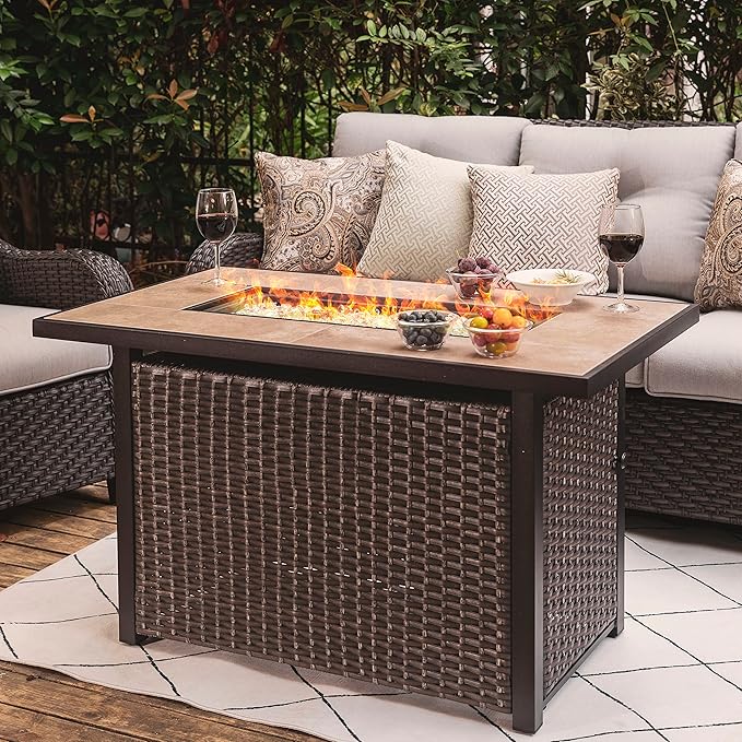 Nuu Garden Outdoor 43 50,000 BTU Propane Gas Fire Pit Table, Ceramic Tabletop and Rattan Weaved Iron Frame, Water-Proof Oxford Cover, Glass Wind Guard, Glass Beads, Lid Included, Dark Brown & Coffee