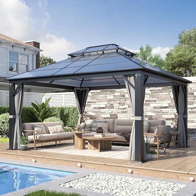 COVERONICS 12FT x 14FT Patio Polycarbonate Hardtop Gazebo with Steel Frame - Outdoor Translucent Double Roof Gazebo with Netting & Curtains for Lawn, Garden, Backyard, Poolside