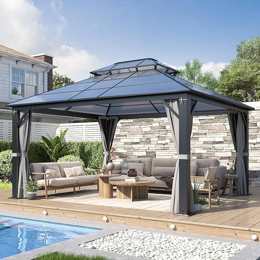 COVERONICS 12FT x 14FT Patio Polycarbonate Hardtop Gazebo with Steel Frame - Outdoor Translucent Double Roof Gazebo with Netting & Curtains for Lawn, Garden, Backyard, Poolside