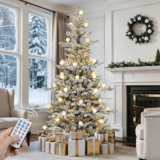 GOOBED 6FT Prelit Flocked Christmas Tree with Remote, Layered Hinged Flocked Christmas Tree w/ 1338 PE & PVC Mixed Tips, 270 Warm-White & Color Changing Lights w/Removable Bulbs,11 Modes