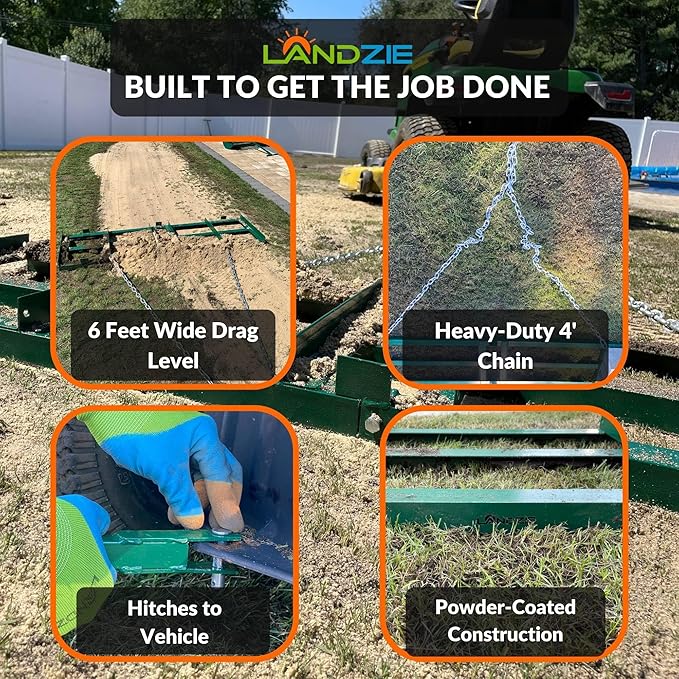 LANDZIE - The Original 6FT Drag Harrow Driveway Grader, 55 LB Heavy Duty Tow Behind Lawn and Landscape Rake, Gravel Driveway Drag, Power Rake , Lawn Leveler