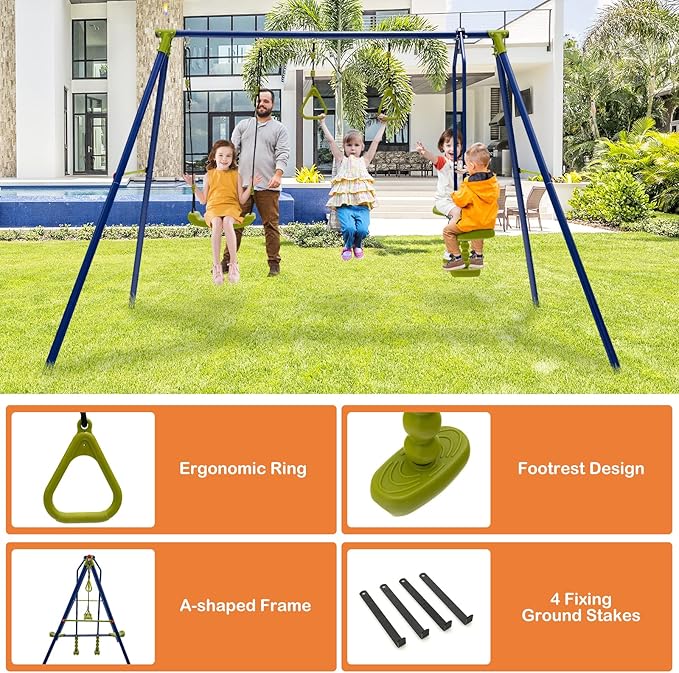 GLACER 440 LBS Heavy-Duty A-Frame Swing Set, 3-in-1 Swing Set w/1 U-Shaped Swing, 1 Glider, 2 Gym Rings, Multifunctional Activity Playset for Backyard, Garden, Park