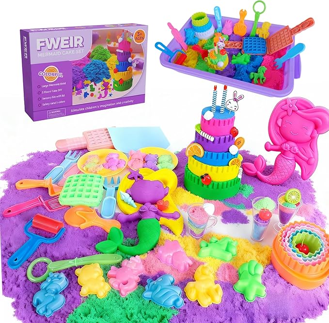 Fweir Sensory Bin for Boy Girl Kid Toy,50+Pieces Play Sand Kit with Sandbox, 3.5lbs Color Sand, 27 Molds Including Mermaid & Unicorn, Cake Cups, Waffle, Sensory Toys for Girl Toddler Ages 3-8