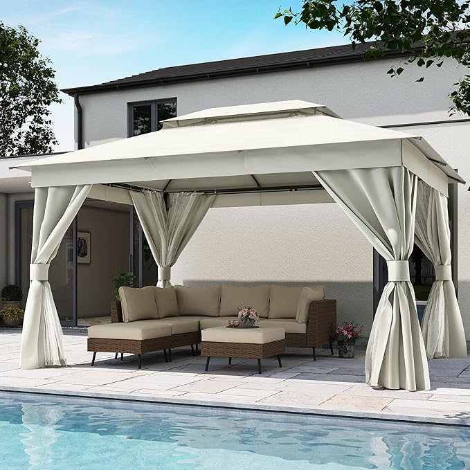 LAUSAINT HOME Semi-Permanent Patio Gazebo 10'x13' with Expansion Bolts, Outdoor Heavy Duty Party Tent with Double Roofs, Mosquito Nettings and Privacy Screens for Backyard, Garden, Lawn, Cream White