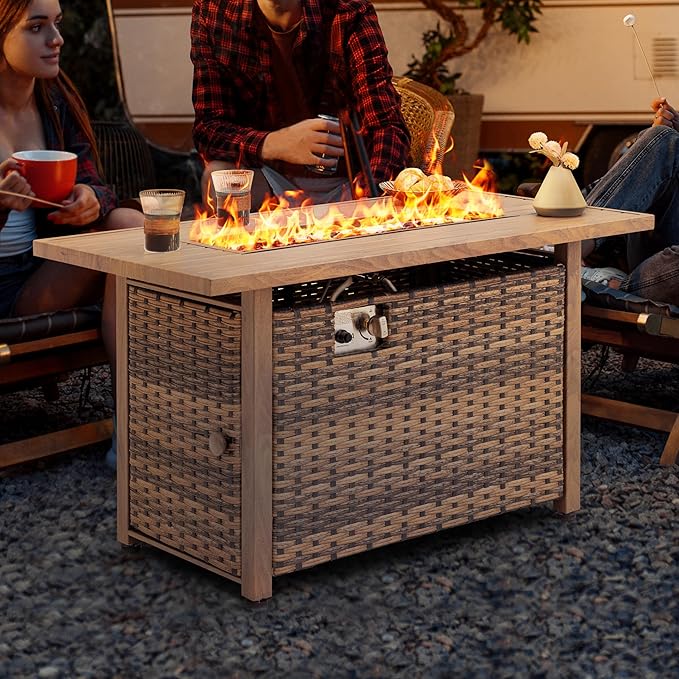 Nuu Garden 43¡± Propane Fire Pit, CSA-Listed Rattan Outdoor Fire Pit Table, 50,000 BTU Smokeless Gas Fire Table with Lid and Glass Beads, 2-in-1 Rectangular Fire Table for Outside Backyard Patio, Brown