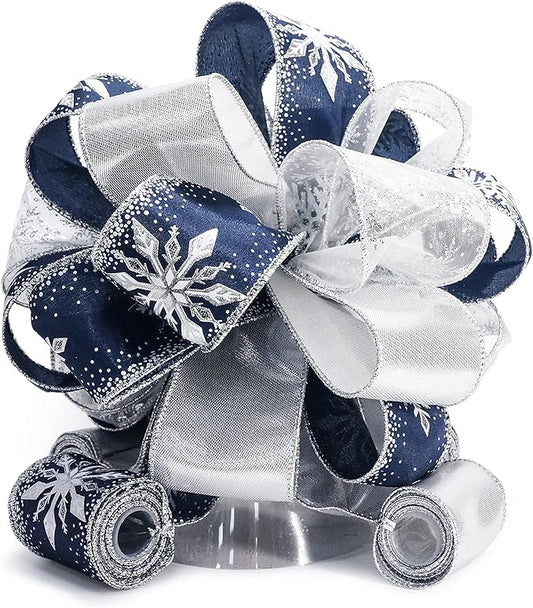 CT CRAFT LLC Blue Snowflake Christmas Tree Topper Bow 11" with 4 Ribbon Streamers x 3 Yards Long Each for Holidy Elegant Fancy Home Décor Indoor