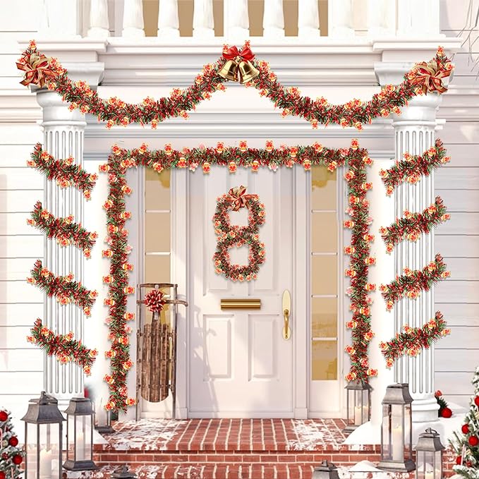 50FT Red Green Christmas Tinsel Garland with Gingerbread Man Ornaments, Metallic Xmas Christmas Tree Garland Decorations Indoor Outdoor for Home Fireplace Mantle Stair Office Class Party Holiday Decor